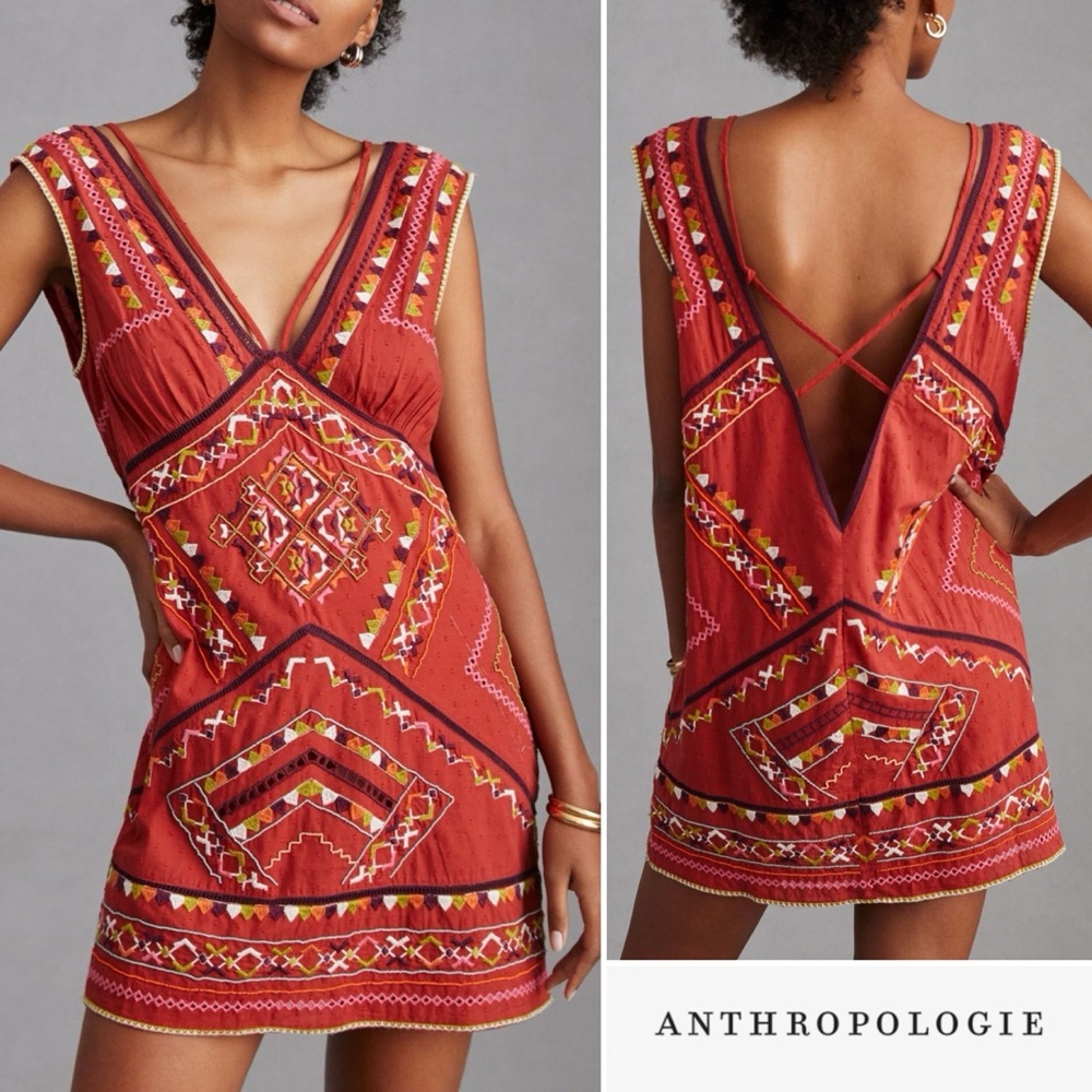 Anthropologie Embroidered Statement Mini Dress Light Red Large NWT - Picture 1 of 17